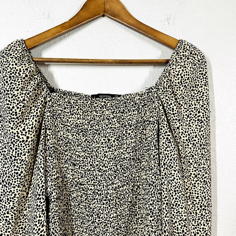 Hesperus Long Sleeve Crop Blouse Puff Sleeve Half Shirt Ruched - L